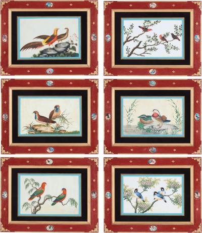 Set of six antique Chinese pith paper watercolours of birds