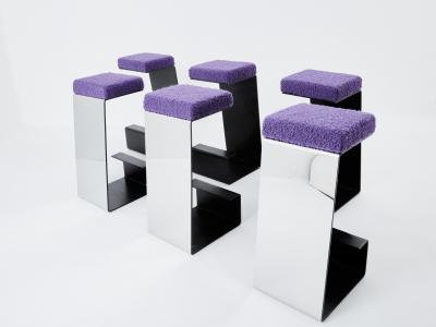 Set of six french wrought iron polished steel boucl bar stools 1970s