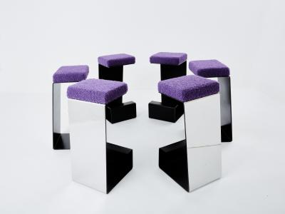 Set of six french wrought iron polished steel boucl bar stools 1970s