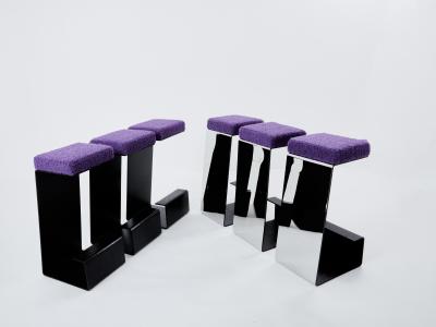 Set of six french wrought iron polished steel boucl bar stools 1970s