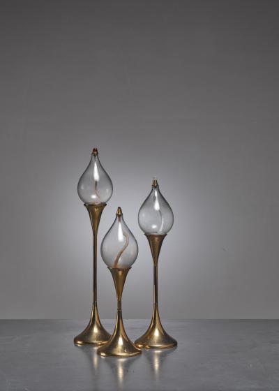 Set of three identical brass oil lamps or candle holders Denmark