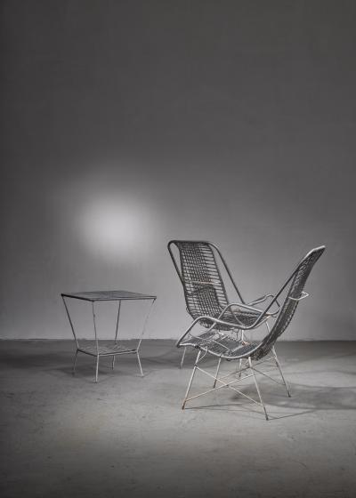 Set of three iron chairs and side table Brazil