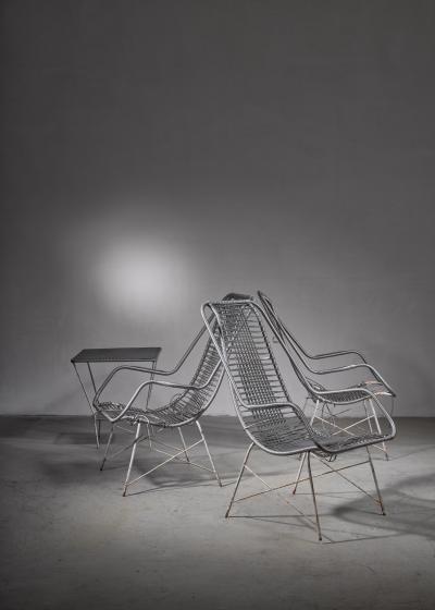 Set of three iron chairs and side table Brazil