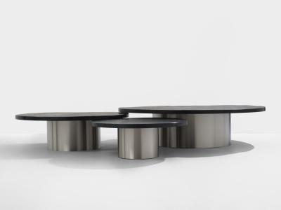 Set of three large slate tops coffee tables brushed steel 1970s