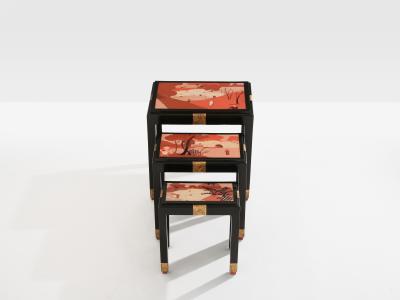 Set of three nesting tables asian decor ebonized and gilt wood 1920s