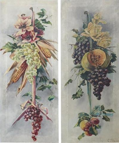 Set of two Oil Painting on Canvas signed Composition with Flowers and Fruit