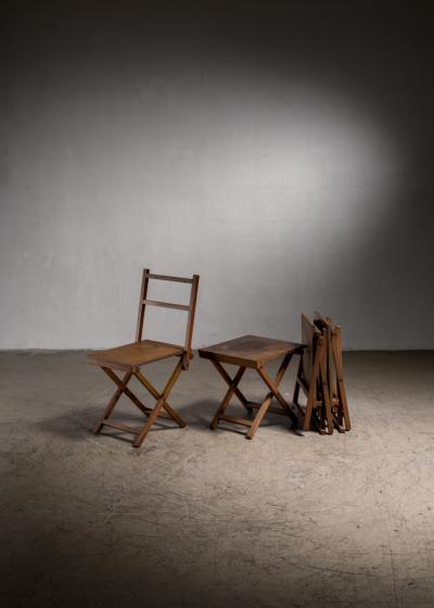 Set of two wooden folding chairs and two stools