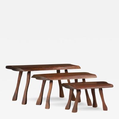 Set three French oakwood brutalist organic tables