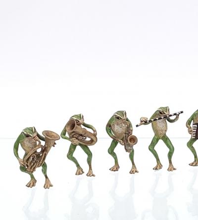 Seven cold painted bronze Musical Frogs