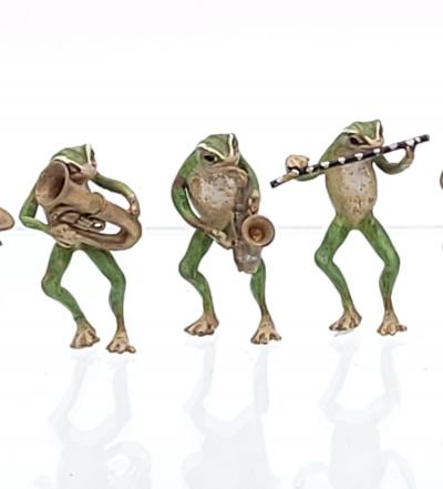 Seven cold painted bronze Musical Frogs