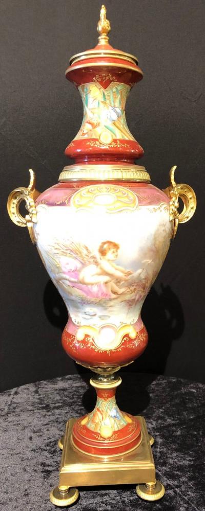 Sevres Spinning Urn Vase Having a Maiden Cherub Painting Signed Lingaand