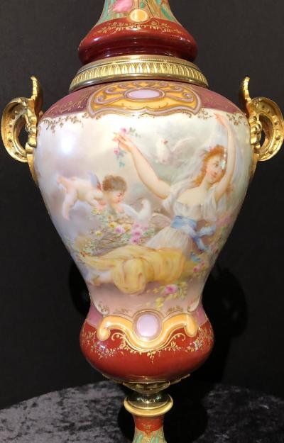Sevres Spinning Urn Vase Having a Maiden Cherub Painting Signed Lingaand