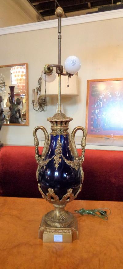 Sevres Style Cobalt Blue Porcelain Bronze Swan Handle Urn Mounted as Lamp