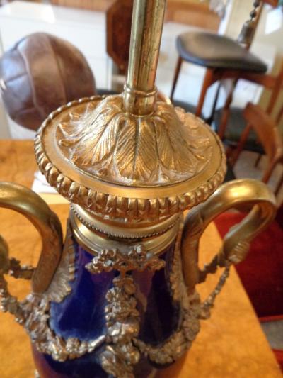 Sevres Style Cobalt Blue Porcelain Bronze Swan Handle Urn Mounted as Lamp