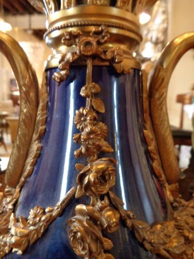 Sevres Style Cobalt Blue Porcelain Bronze Swan Handle Urn Mounted as Lamp