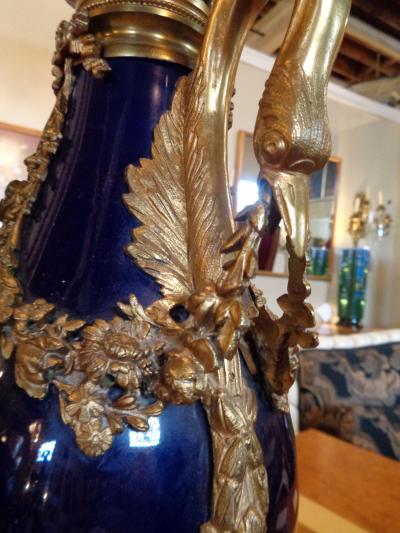 Sevres Style Cobalt Blue Porcelain Bronze Swan Handle Urn Mounted as Lamp