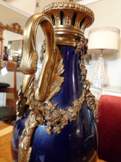 Sevres Style Cobalt Blue Porcelain Bronze Swan Handle Urn Mounted as Lamp