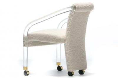 Sexy 1970s Lucite Brass Set of Chairs in Ivory White Boucl on Casters c 1970