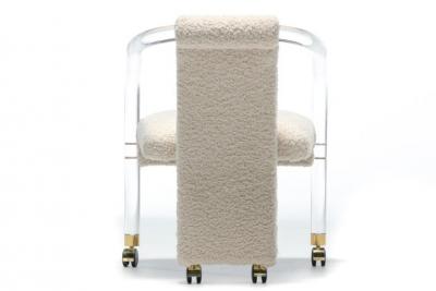 Sexy 1970s Lucite Brass Set of Chairs in Ivory White Boucl on Casters c 1970