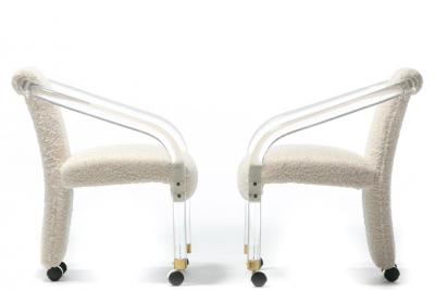 Sexy 1970s Lucite Brass Set of Chairs in Ivory White Boucl on Casters c 1970