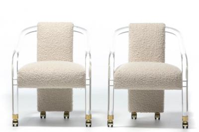 Sexy 1970s Lucite Brass Set of Chairs in Ivory White Boucl on Casters c 1970