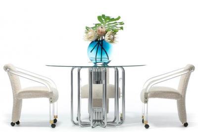 Sexy 1970s Lucite Brass Set of Chairs in Ivory White Boucl on Casters c 1970