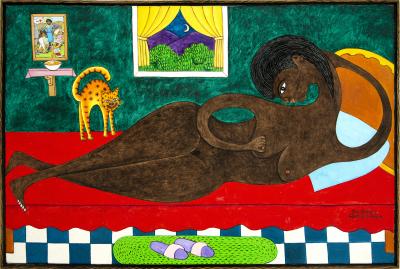 Seymour Etienne Bottex Sensuous Reclining Nude with Interested Cat