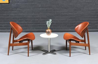 Seymour J Wiener Mid Century Clam Shell Leather Chairs by Seymour J Wiener for Kodawood