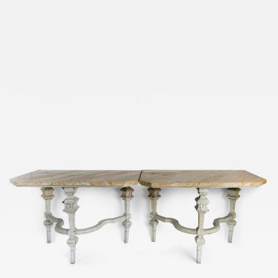 Shabby Chic Antique Wood Console Tables Faux Marble Painted Tops a Pair