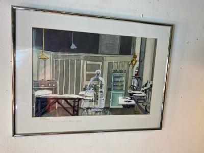 Sherry Plano GHOSTLY FIGURES INSIDE HOSPITAL DISPENSARY WATERCOLOR BY SHERRY PLANO
