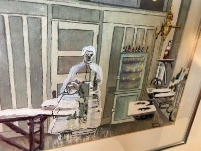 Sherry Plano GHOSTLY FIGURES INSIDE HOSPITAL DISPENSARY WATERCOLOR BY SHERRY PLANO