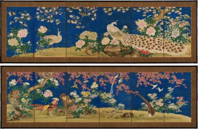 Shioka Sorin Mid 19th Century Japanese Screen Pair Flowers Birds of the Four Seasons