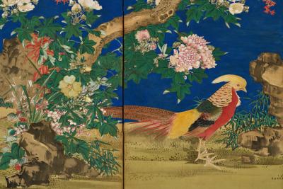 Shioka Sorin Mid 19th Century Japanese Screen Pair Flowers Birds of the Four Seasons