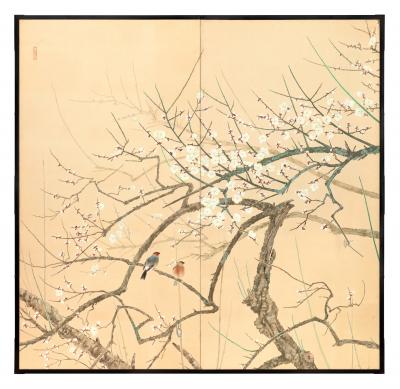 Shirayama Shunp Blooming Plum Trees and Birds ca 1915