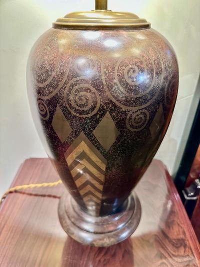 Signed Art Deco Dinandrie Lamp Vase with Mica shade Signed Edition Jouvenia