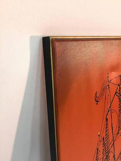 Signed Great Brutalist Bright Orange Pirates Galleon Oil Painting