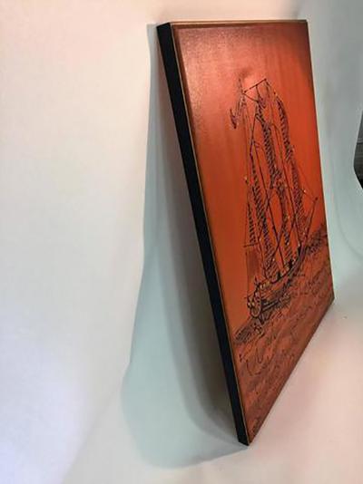 Signed Great Brutalist Bright Orange Pirates Galleon Oil Painting