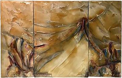 Signed Modernist Abstract Lacquer Design Triptych Paintings