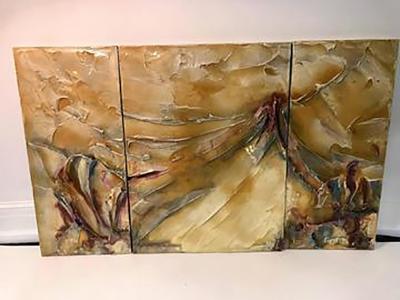 Signed Modernist Abstract Lacquer Design Triptych Paintings