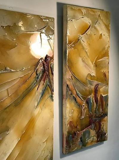 Signed Modernist Abstract Lacquer Design Triptych Paintings