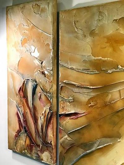 Signed Modernist Abstract Lacquer Design Triptych Paintings