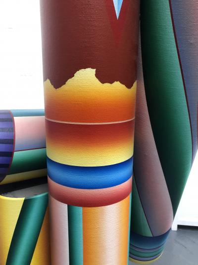 Signed Oil on Canvas Free Standing Cylindrical Artwork