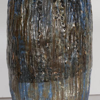 Signed Organic Mid Century Modern Handpainted Ceramic Lamp with Nickel Fittings