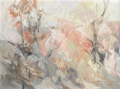 Signed R M Burrer Abstract Expressionist Painting Trees in October 1964