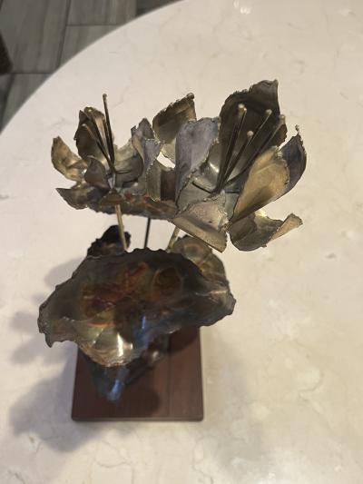 Silas Seandel BRUTALIST FLOWER SCULPTURE ON WOOD BASE