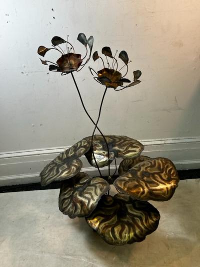 Silas Seandel BRUTALIST LILY PAD AND FLOWERS METAL SCULPTURE