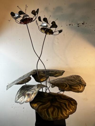Silas Seandel BRUTALIST LILY PAD AND FLOWERS METAL SCULPTURE