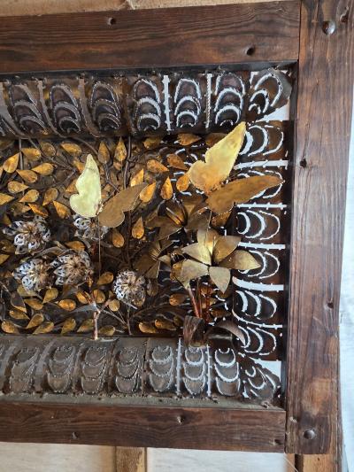 Silas Seandel Large 1970s Mixed Metal Botanical Wall Sculpture with Butterflies 59 Inches