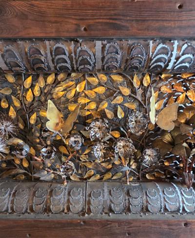 Silas Seandel Large 1970s Mixed Metal Botanical Wall Sculpture with Butterflies 59 Inches