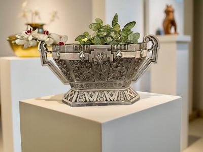 Silver Art Deco Jardiniere Bronze Bowl with Modernist Detailing